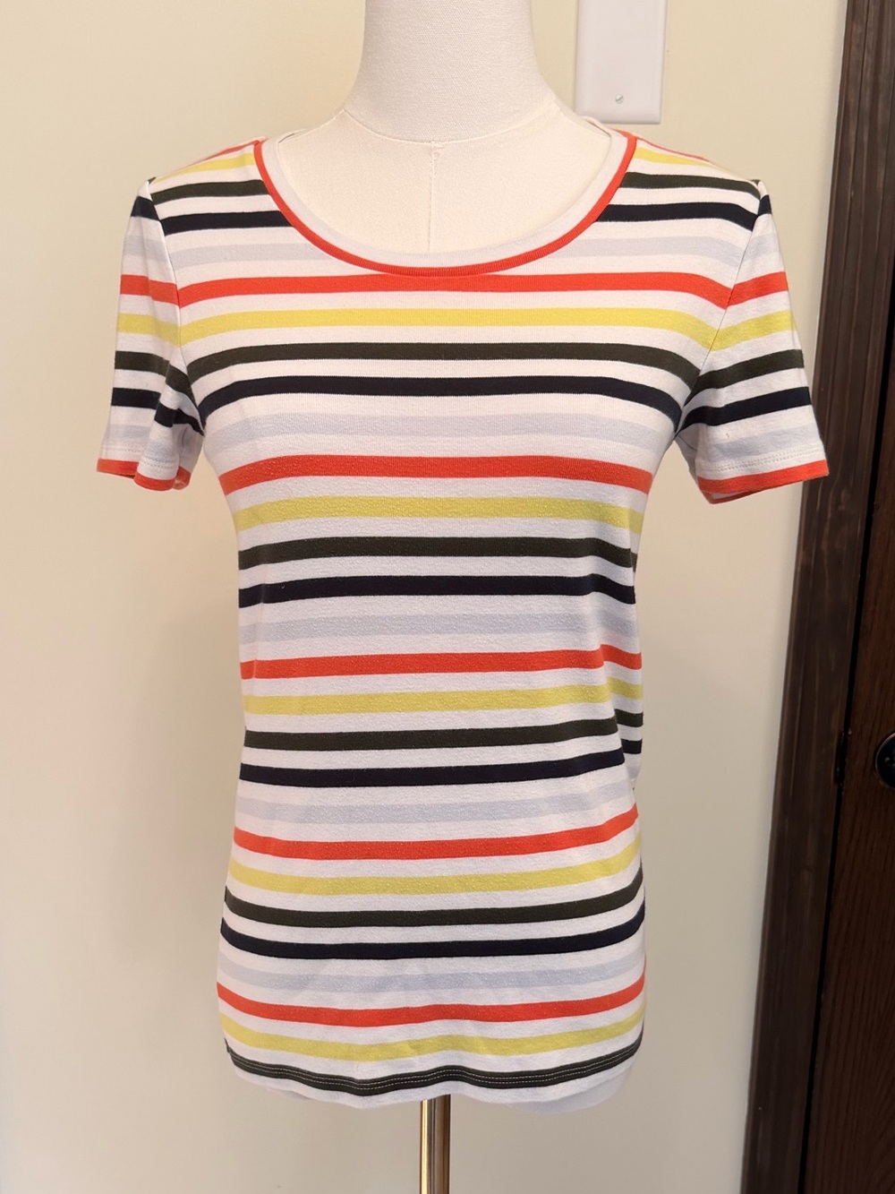 J. Crew Perfect Fit White Short-Sleeve Scoop Tee w/ Black, Yellow & Coral Stripe
